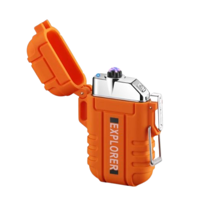 Orange Fitlybuy survival lighter with open lid, chrome top, purple plasma arc, and integrated carabiner clip.