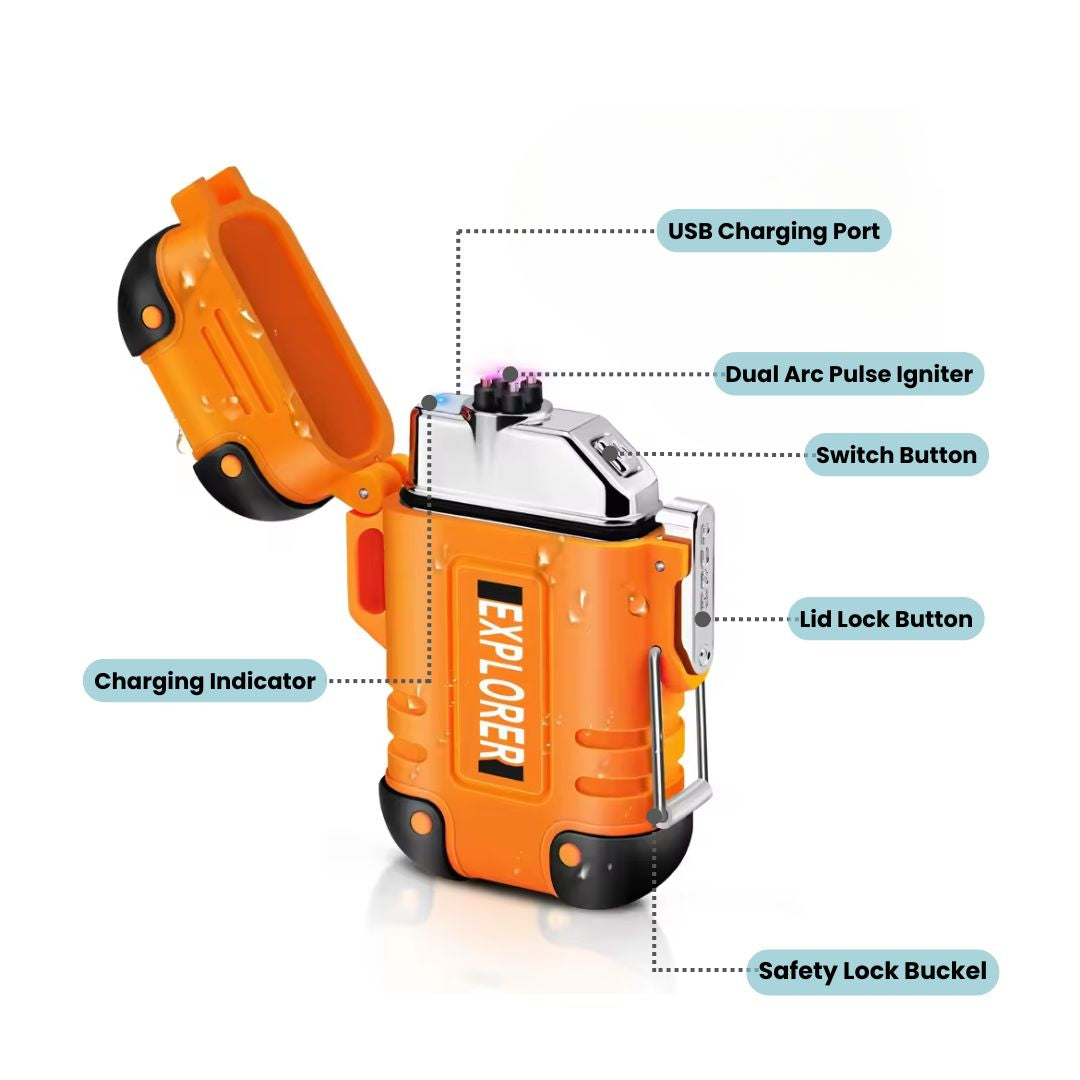 Orange Fitlybuy waterproof survival lighter with dual arc igniter, USB port, and safety lock features labeled.