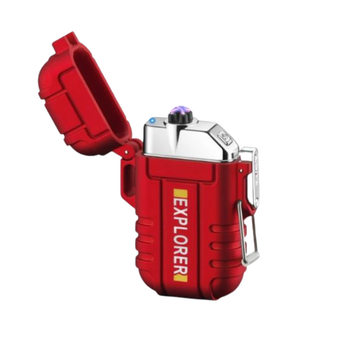 Red Fitlybuy StormLighter with plasma ignition, open lid, and "EXPLORER" label on a rugged, waterproof casing.