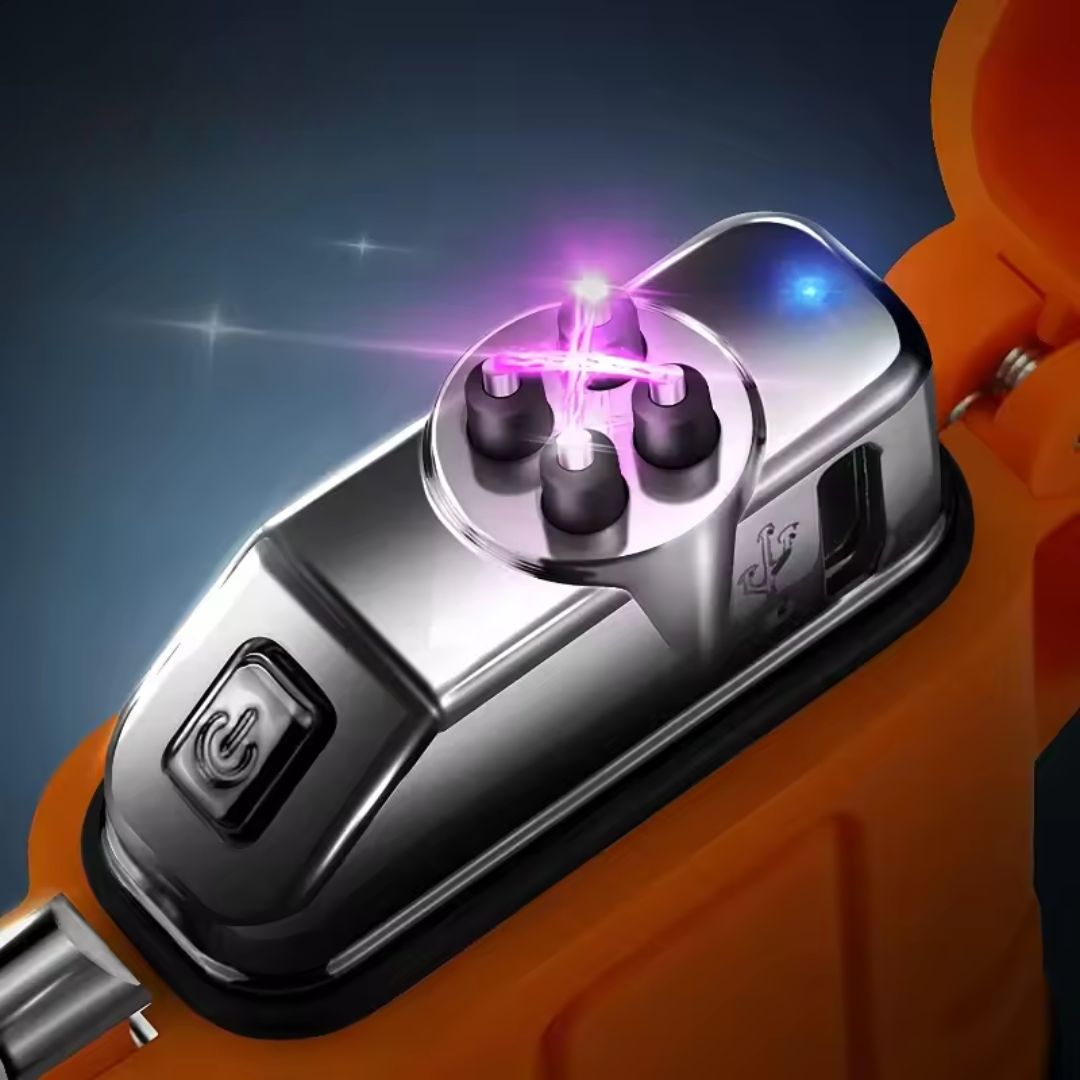 Fitlybuy StormLighter: Orange waterproof survival lighter with a silver metallic top, glowing purple electric arc.
