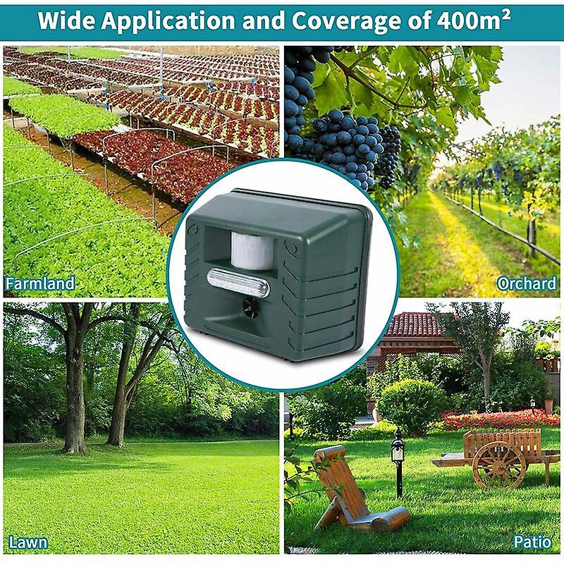 Fitlybuy green ultrasonic woodpecker repeller shown with 400m² coverage for farms, orchards, lawns, and patios.