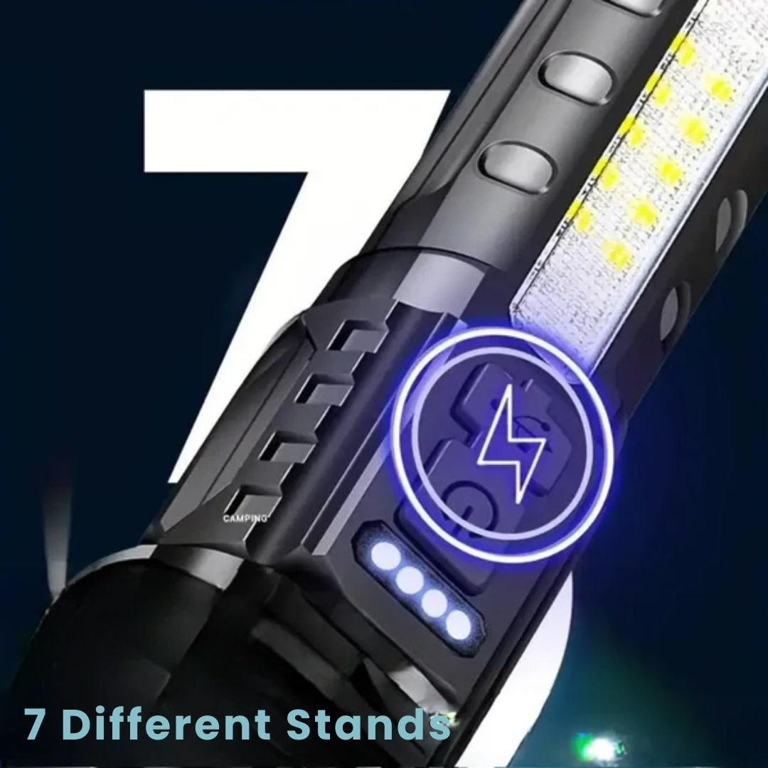 Fitlybuy zoomable black LED flashlight featuring side COB light, power indicator, and 7 versatile lighting modes.