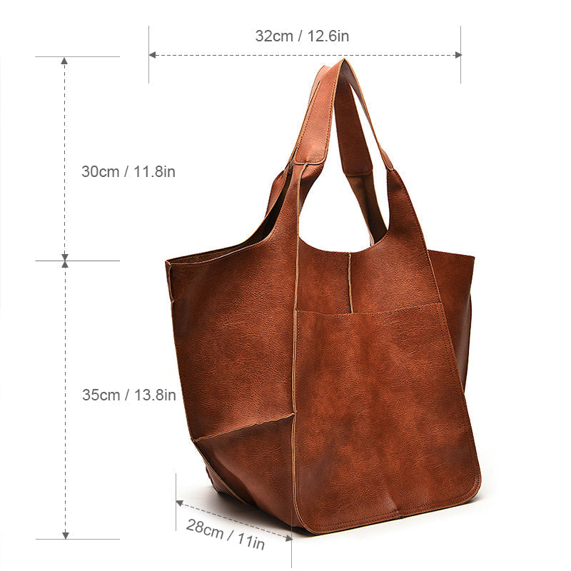 Fitlybuy oversized brown leather weekender tote bag shown against a white background with dimension annotations.