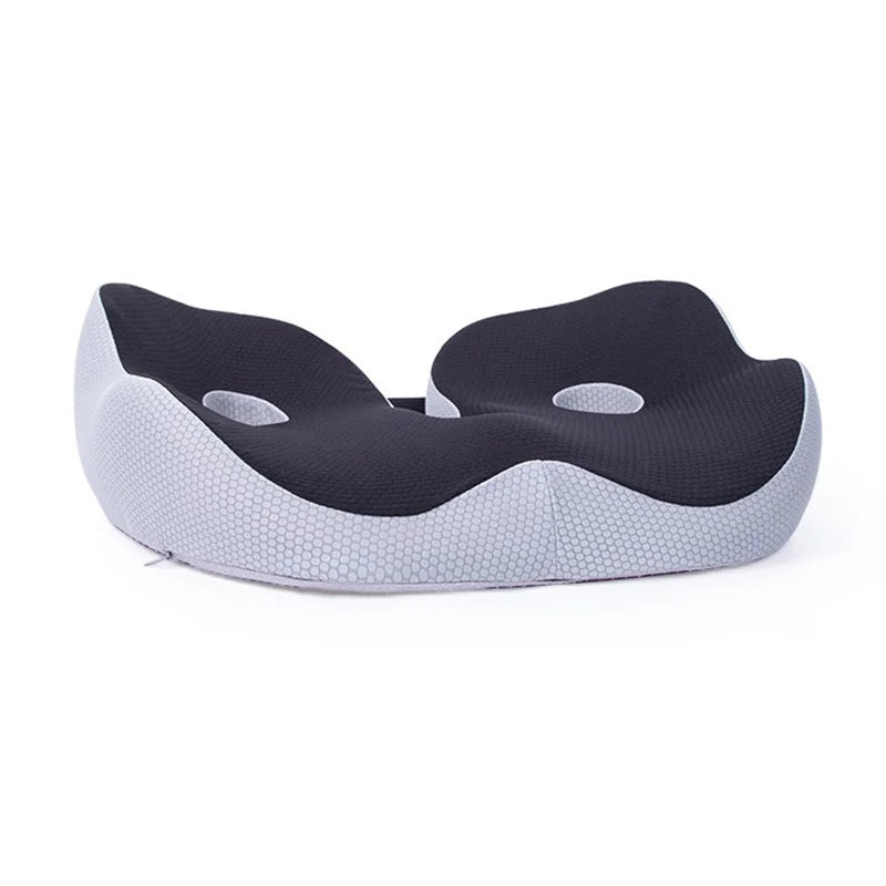 Fitlybuy ergonomic black and grey sciatica relief cushion with contoured support and tailbone cutout on white background.