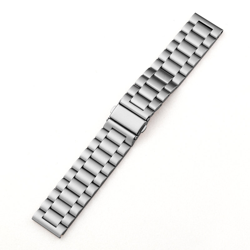Silver stainless steel link watch strap with a secure folding clasp, isolated on a white background.