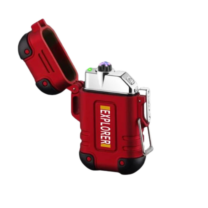 Fitlybuy StormLighter: Red, waterproof, windproof survival lighter with UltraFire plasma ignition and lanyard loop.