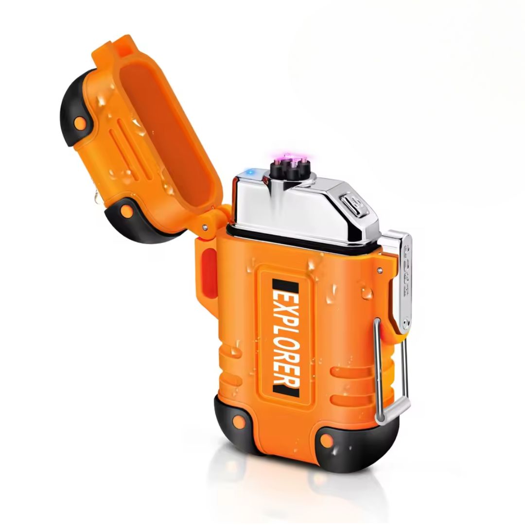 Fitlybuy orange waterproof plasma lighter with black trim, an "EXPLORER" label, and purple ignition arc on white.
