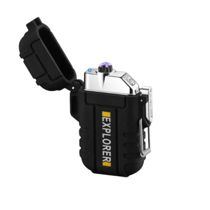 Fitlybuy black survival lighter with open lid, chrome top, purple plasma arc, and Explorer logo on a white background.
