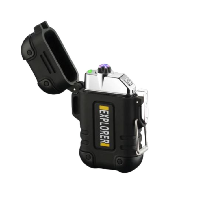 Fitlybuy StormLighter: Black, waterproof survival lighter with open lid, silver top, and purple plasma arc ignition.