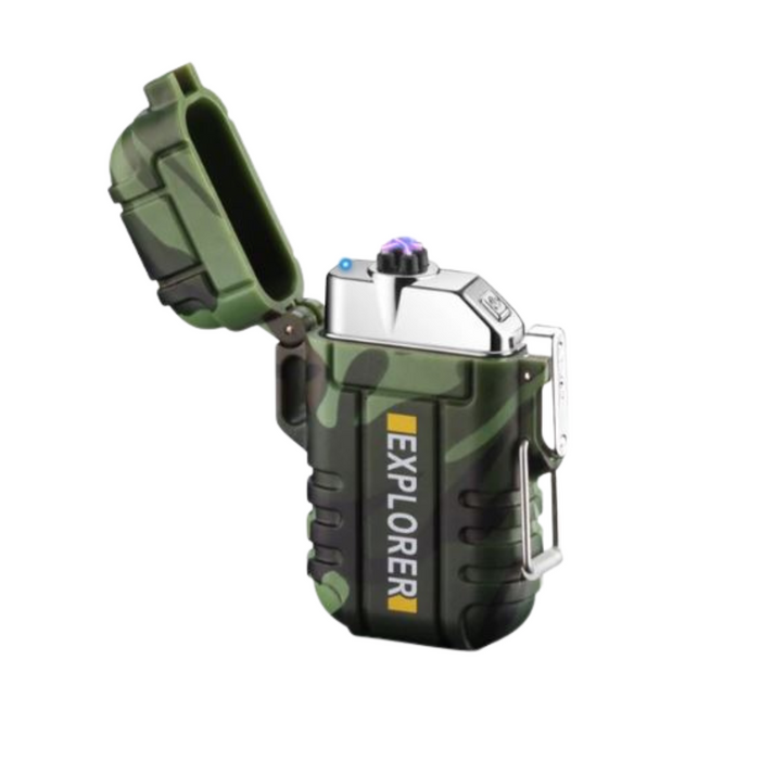 Fitlybuy camo survival lighter with UltraFire electric ignition, open lid, and side clip, isolated on white background.