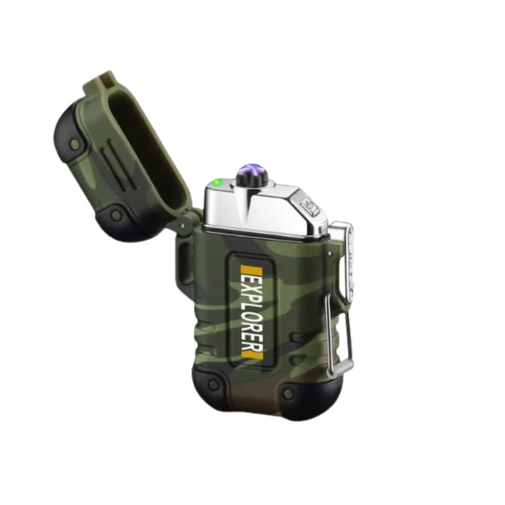 Fitlybuy camo survival lighter with UltraFire plasma ignition, open lid, and "EXPLORER" branding on white background.