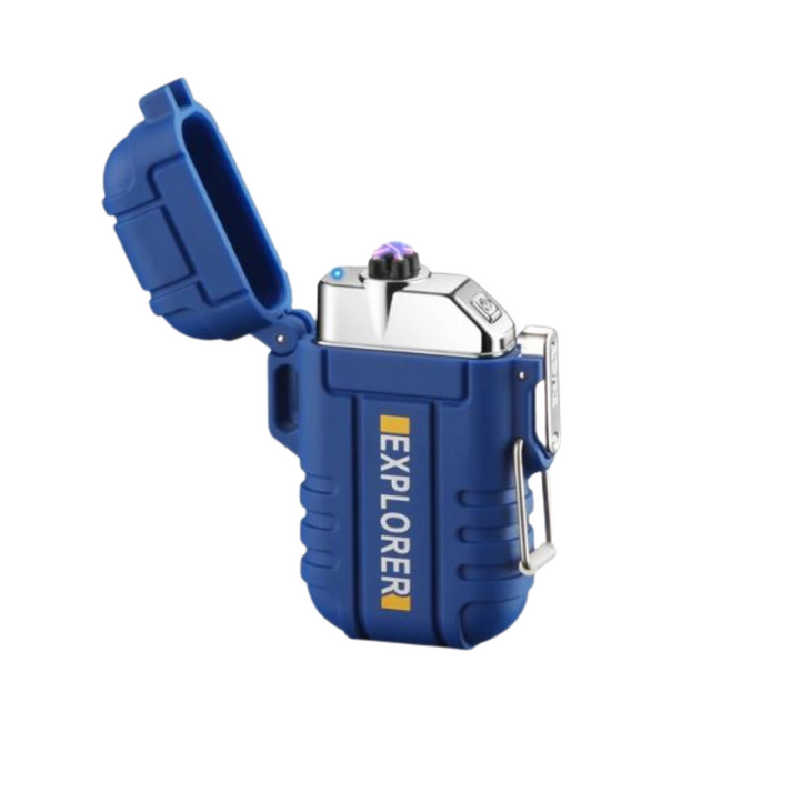 Blue Fitlybuy StormLighter with open lid, UltraFire electric coil, metal top, and explorer branding on a carabiner.