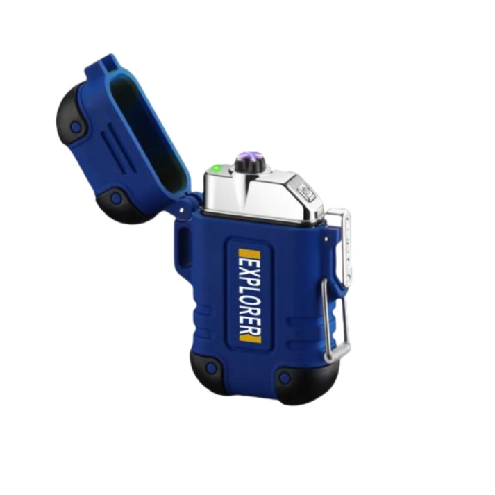 Blue Fitlybuy StormLighter with open lid, showing dual-arc ignition, rugged waterproof case, and carabiner clip.
