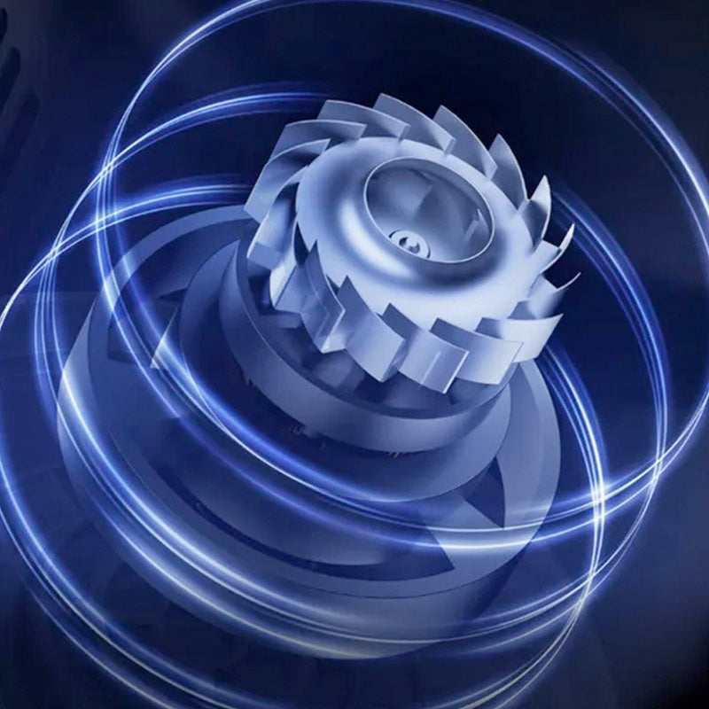 Fitlybuy split-end trimmer internal mechanism: metallic blue rotary blade surrounded by glowing circular light rings.