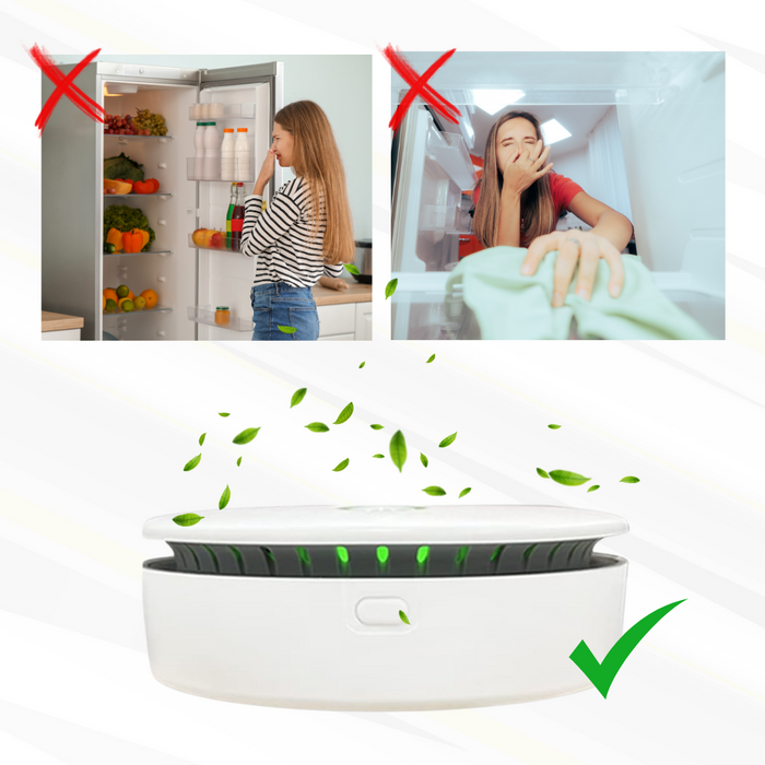 Fitlybuy FreshAir ozone purifier: A round white device shown as a clean solution for household and fridge odors.