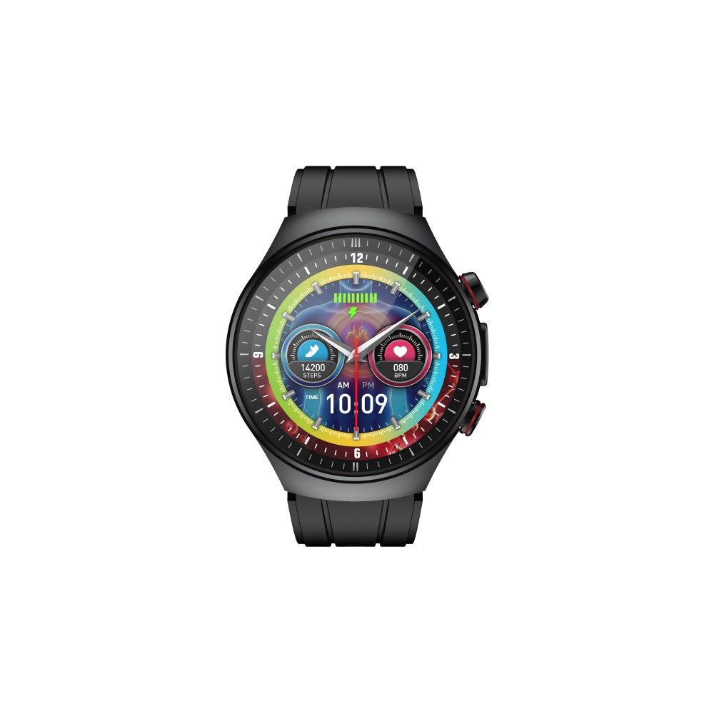 Black Fitlybuy Kexi-Life Pro 10 smartwatch with a round screen showing health metrics and a colorful digital dial.