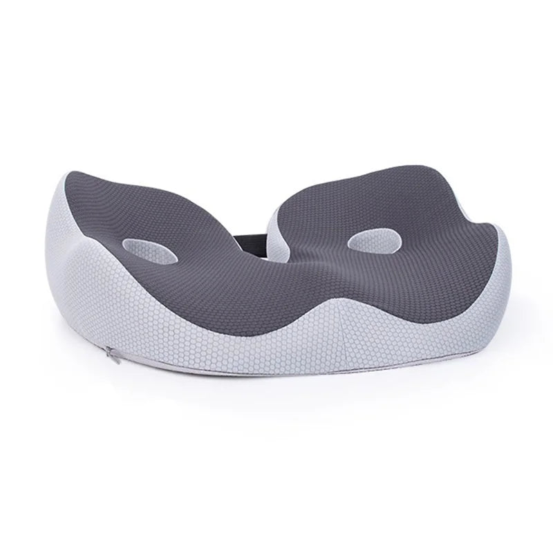 Fitlybuy ergonomic sciatica relief seat cushion in gray and dark gray with a contoured, breathable mesh design.