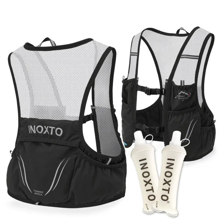 Black and white mesh Fitlybuy hydration vest featuring two 450ml soft flasks and multiple storage pockets.