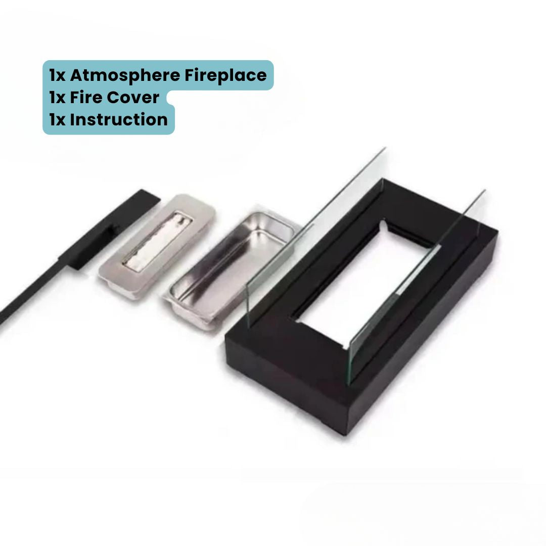 Fitlybuy tabletop smokeless bio-ethanol fireplace set with black base, glass panels, metal fuel burner, and cover.