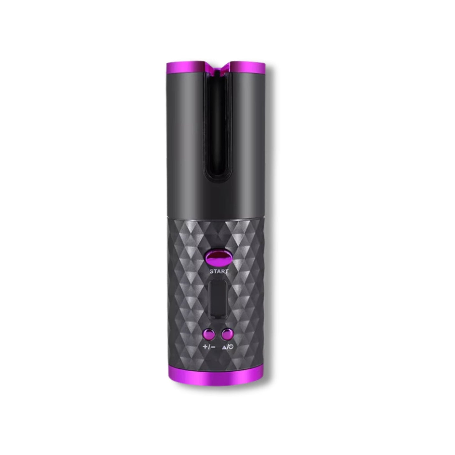 Fitlybuy Amara wireless automatic curling iron in black and purple with a textured grip and digital display.