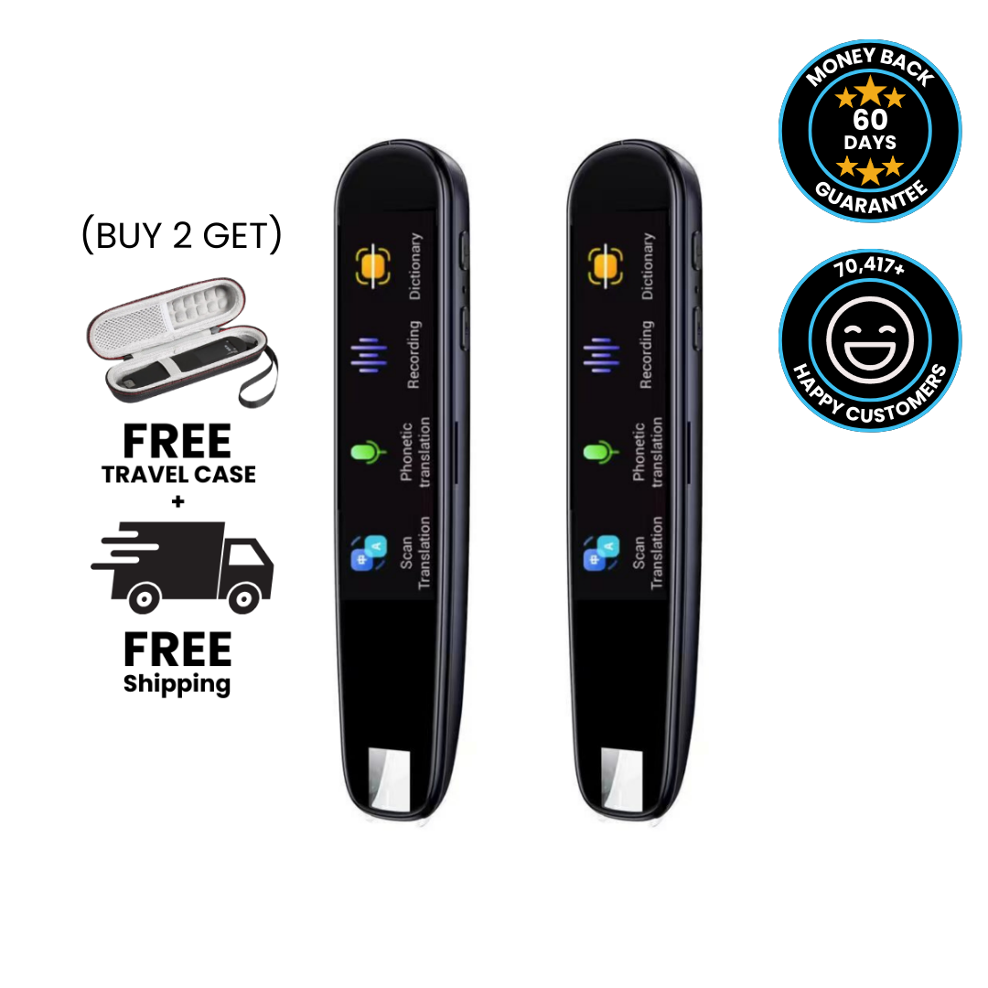 Two black Fitlybuy AI translator pens with touchscreen menus, free travel case, shipping, and money-back guarantee.