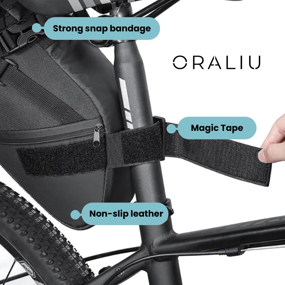 Fitlybuy black 10L waterproof bike saddle bag with Velcro straps and non-slip leather mounted to a bicycle seat post.