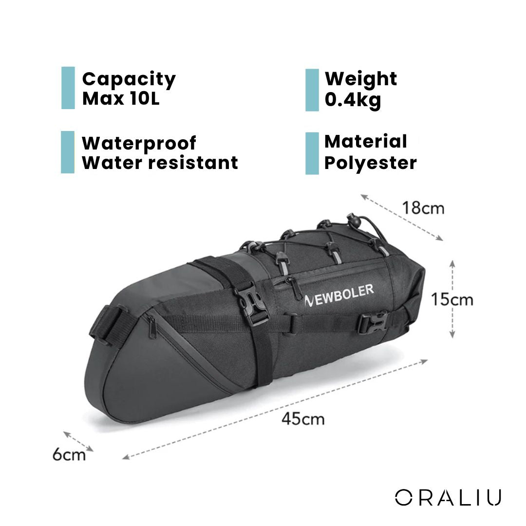 Black 10L Fitlybuy waterproof polyester bike saddle bag with dimensions and key features labeled on a white background.