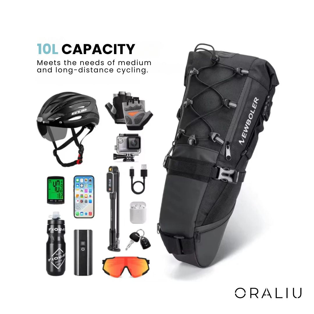 Fitlybuy 10L waterproof bike saddle bag in black, shown with cycling gear including helmet, pump, and water bottle.
