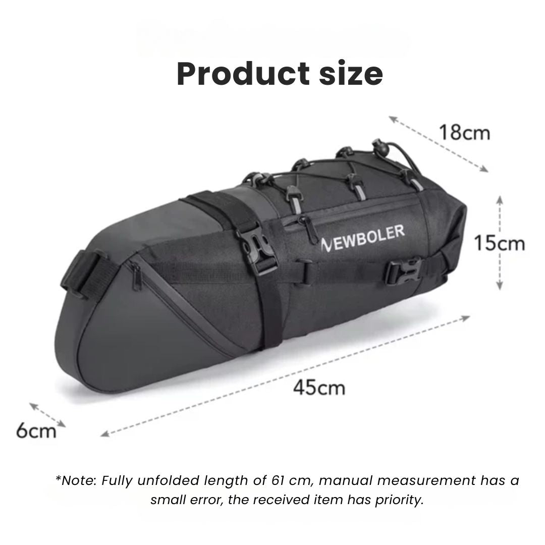 Black 10L waterproof bike saddle bag with dimensions labeled, featuring compression straps and an elastic top cord.