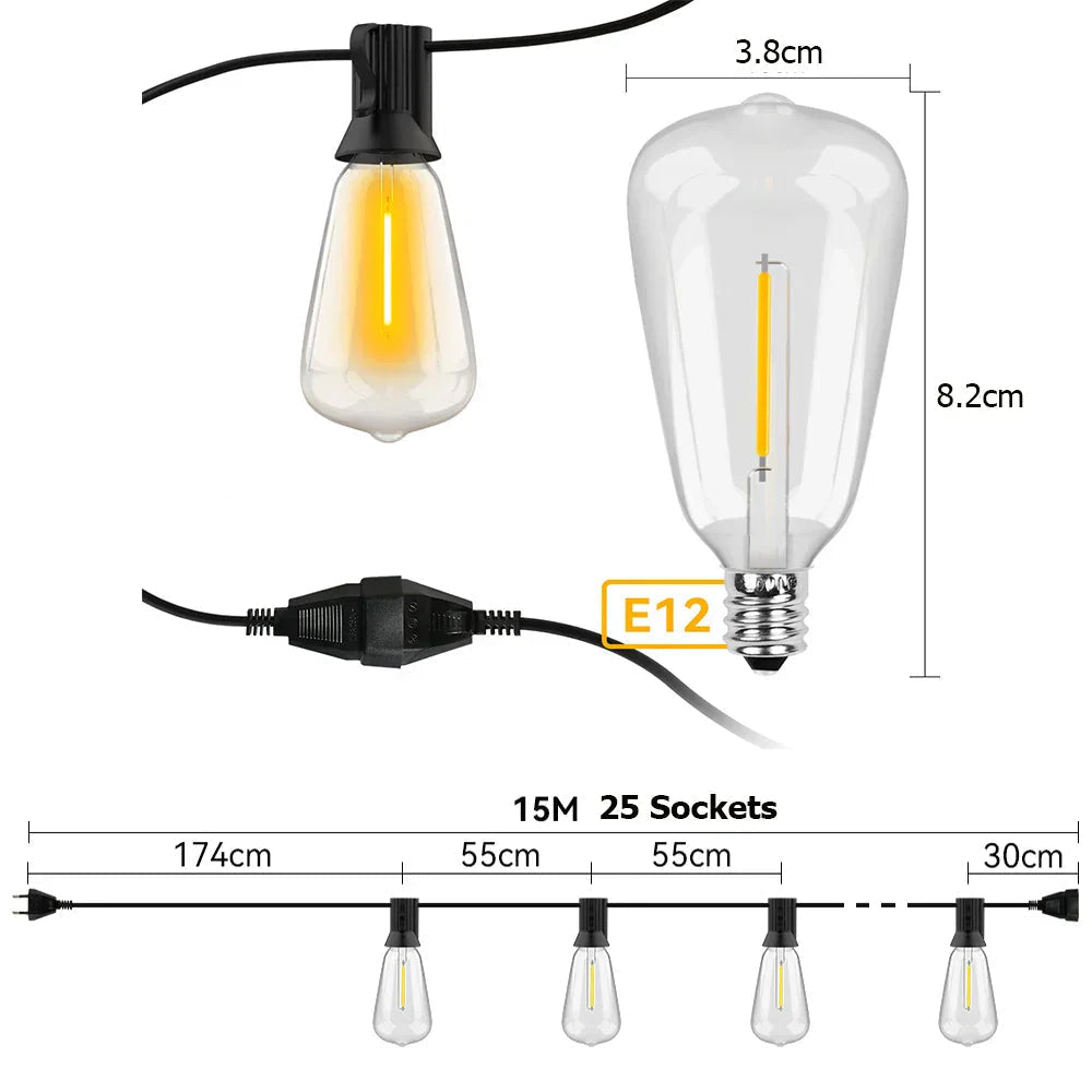 Fitlybuy 15m outdoor LED string lights with 25 E12 sockets, featuring warm, energy-efficient vintage Edison bulbs.