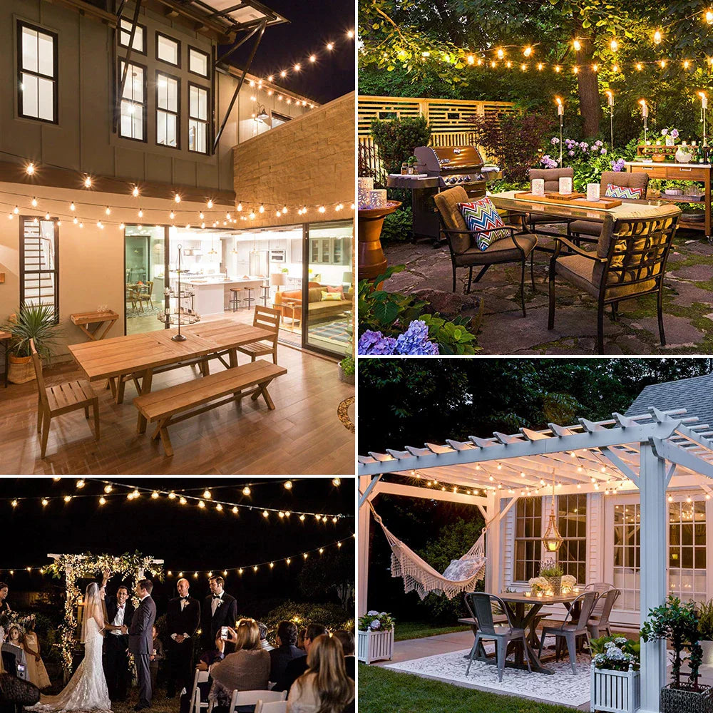 Fitlybuy weatherproof LED string lights providing warm, energy-efficient illumination for outdoor patio dining and weddings.