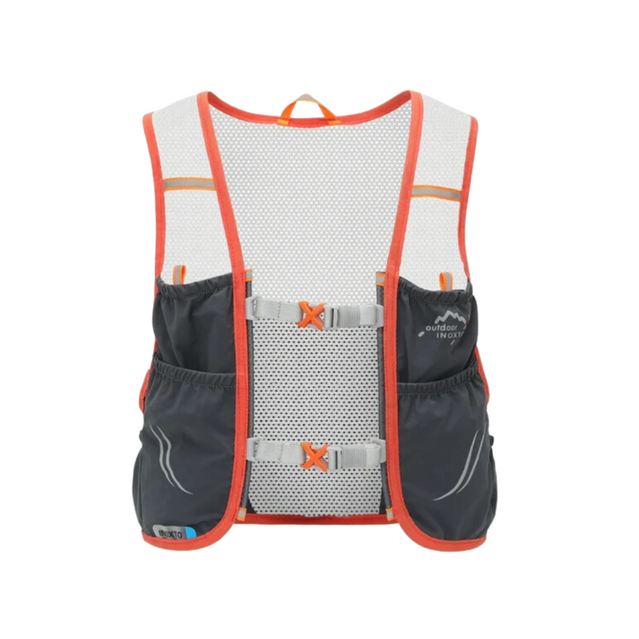 Fitlybuy grey and white mesh trail running hydration vest with orange trim and dual front soft flask storage pockets.