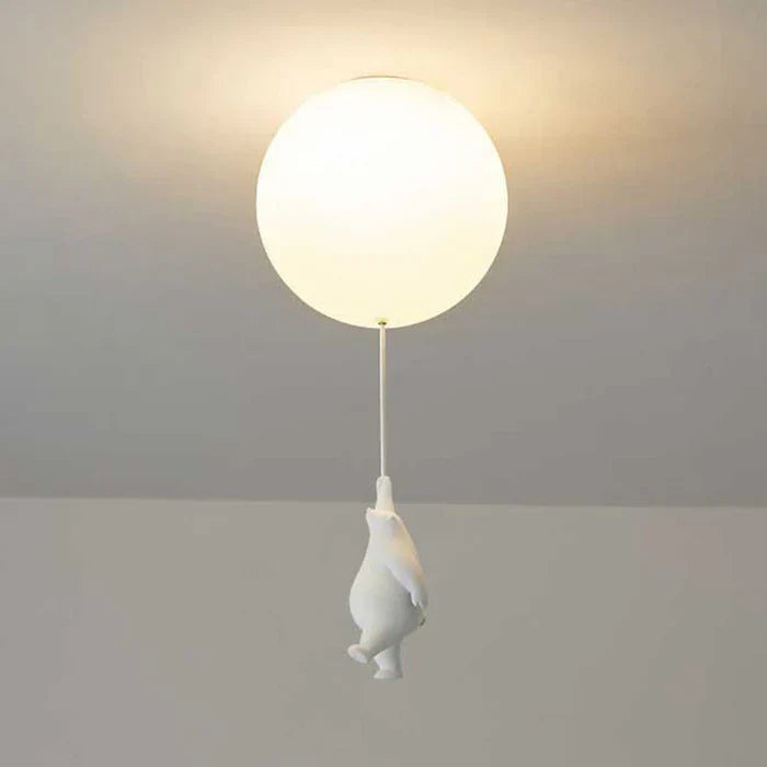Fitlybuy CloudBear white LED ceiling light featuring a bear dangling from a glowing, balloon-shaped globe pendant.