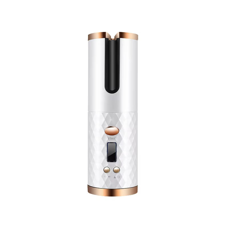 Fitlybuy Amara wireless automatic curling iron in white and rose gold with a textured handle, LCD screen, and buttons.