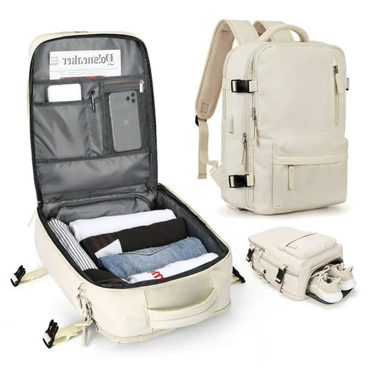 Beige Fitlybuy travel backpack shown open with clothes, closed upright, and with a separate bottom shoe compartment.