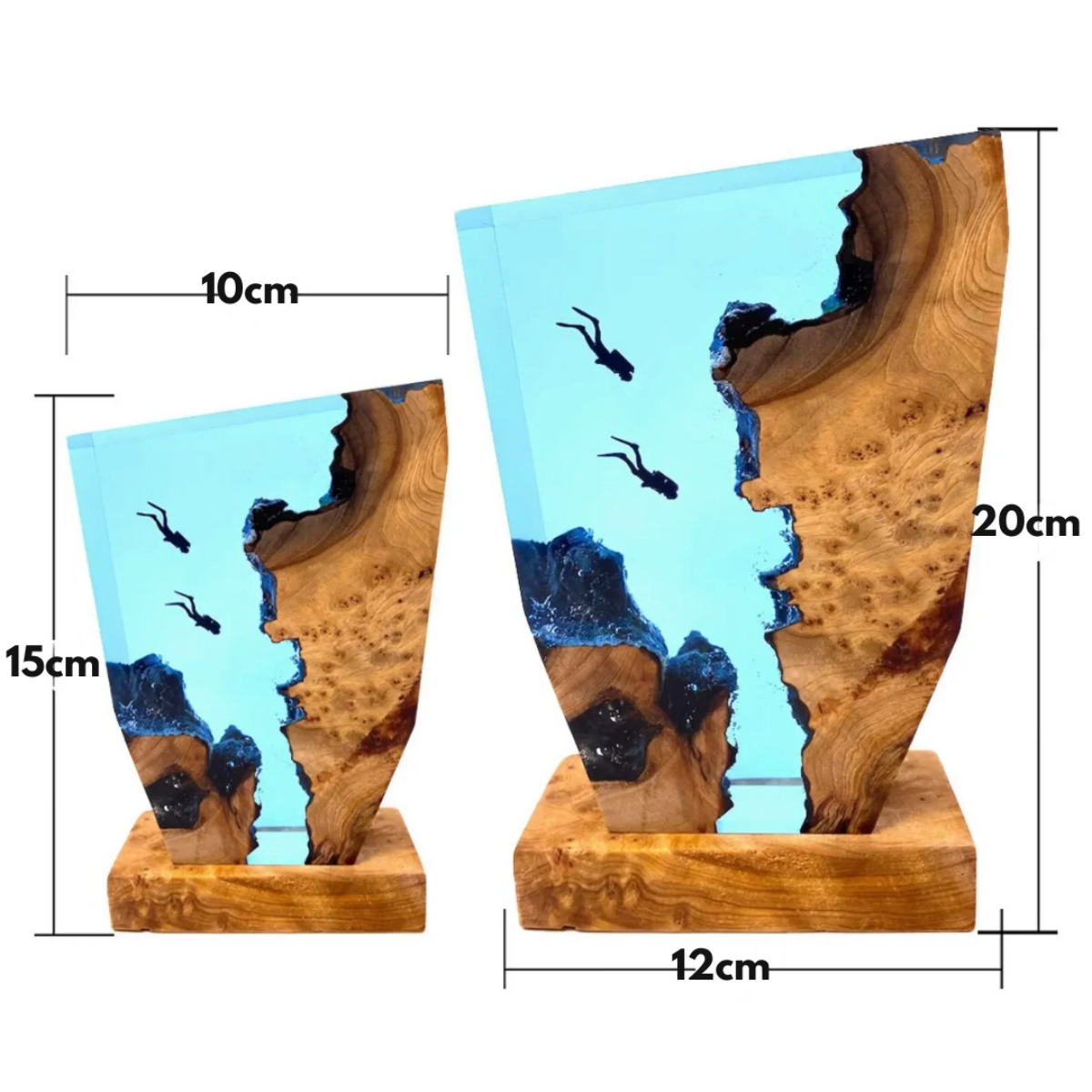 Two handmade epoxy resin and wood ocean lamps featuring scuba diver figures, with labeled height and width dimensions.