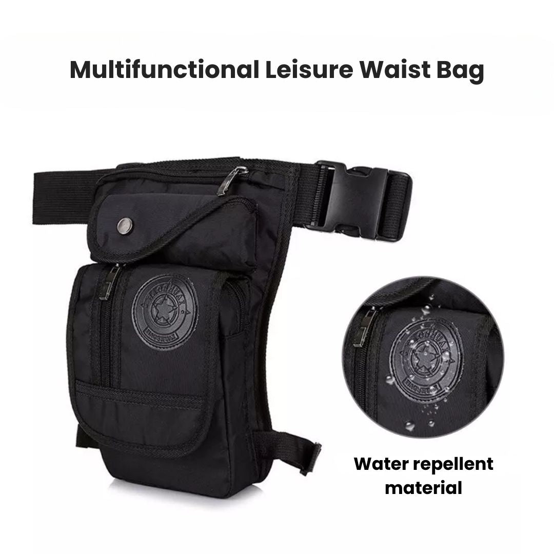 Black waterproof Fitlybuy motorcycle thigh leg bag with multiple pockets, adjustable straps, and water-repellent fabric.