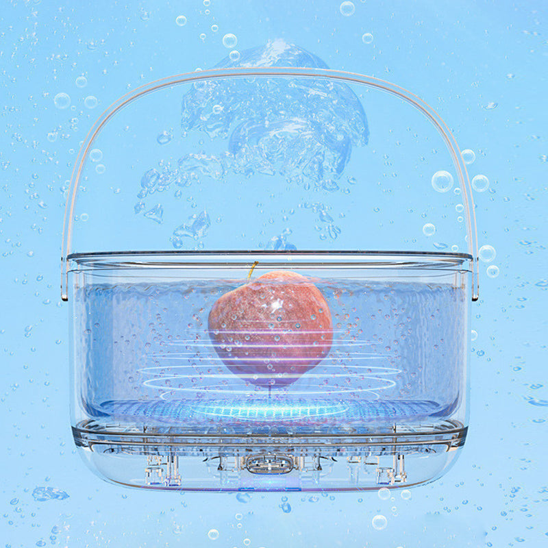 Fitlybuy FreshWave ultrasonic cleaner in a clear basin cleaning an apple with water bubbles against a blue background.