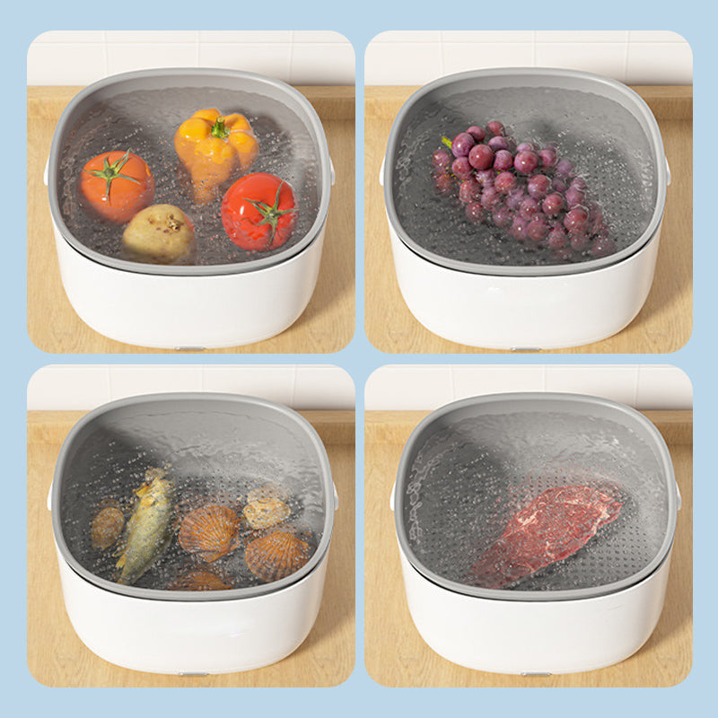 Fitlybuy FreshWave ultrasonic cleaner in a white basin, washing produce, seafood, and meat with chemical-free bubbles.