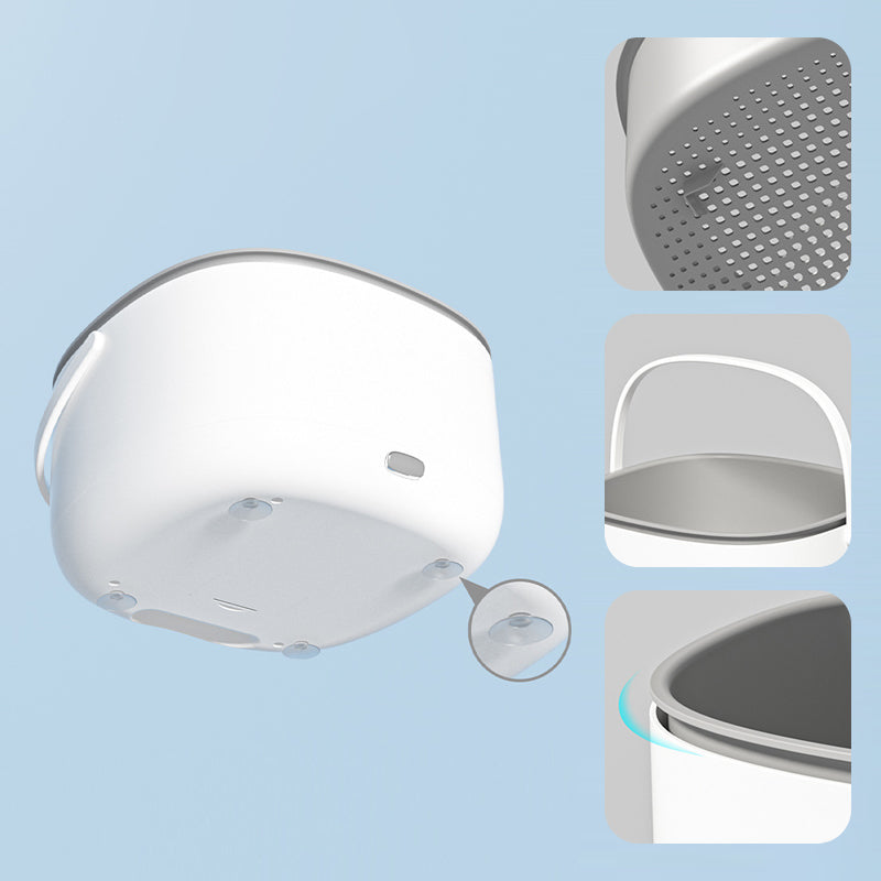 Fitlybuy FreshWave white ultrasonic fruit cleaner with drain basket, suction feet, and portable handle on blue background.