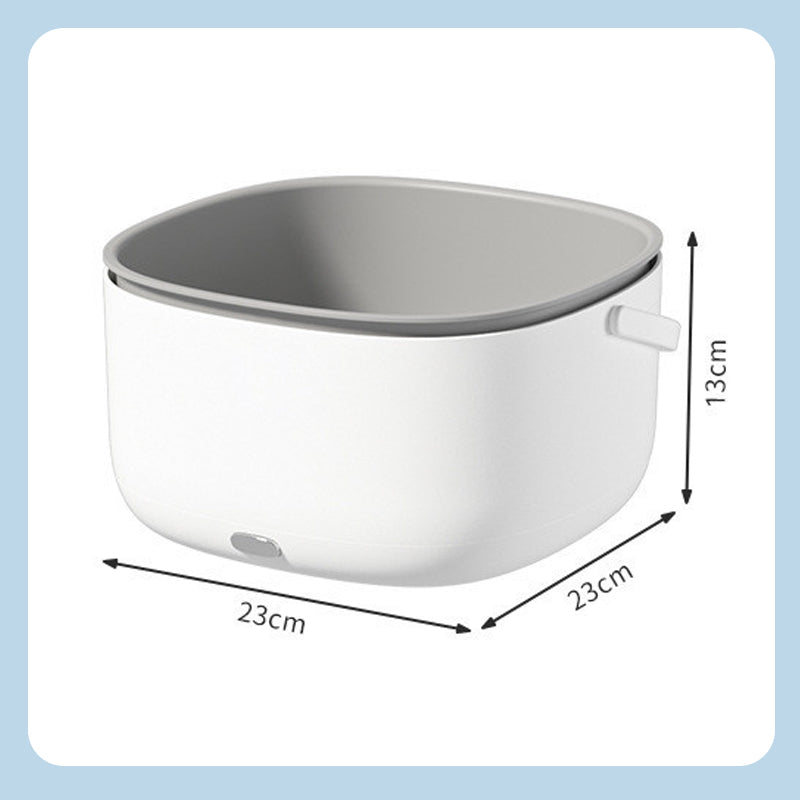 Fitlybuy FreshWave ultrasonic veggie cleaner, white square basin with gray interior, includes dimensions 23x23x13cm.