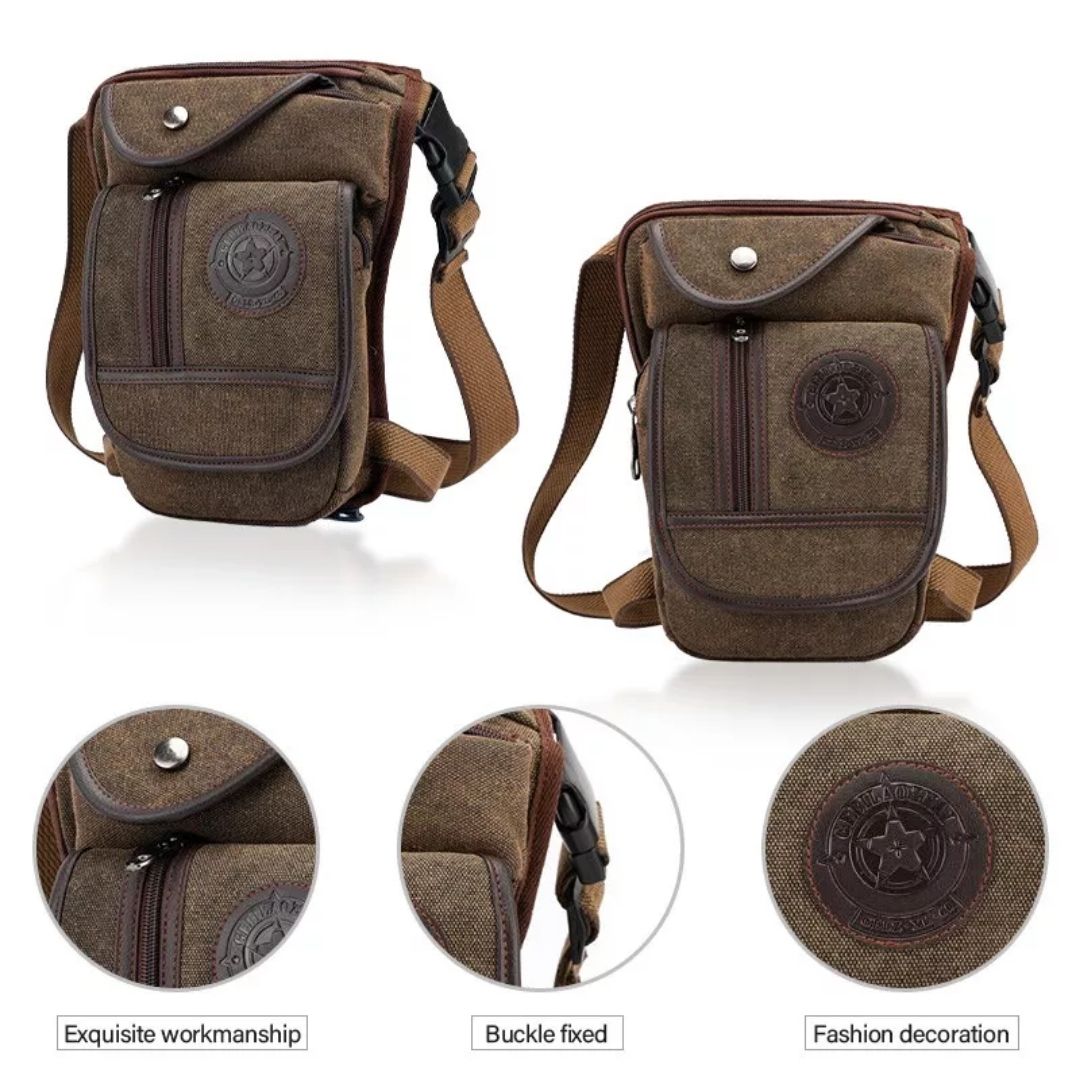 Brown canvas motorcycle leg bag with zippered pockets, adjustable straps, and star logo badge. Detail views included.