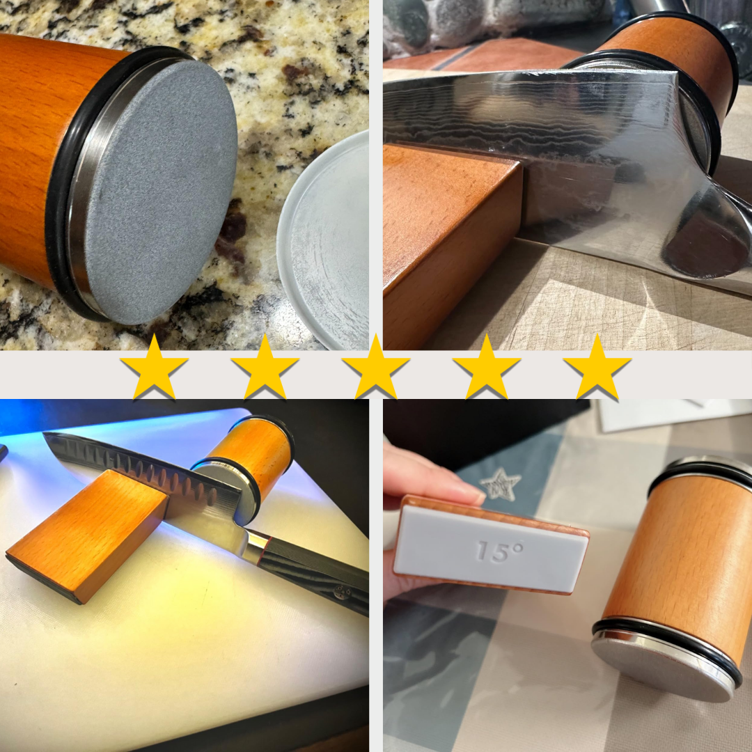 Fitlybuy wooden rolling knife sharpener with diamond disk, featuring 15-degree angle guide for precise blade honing.