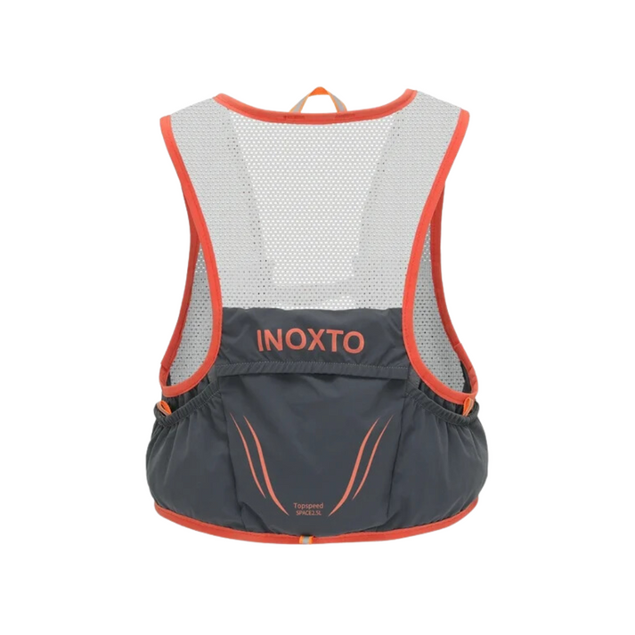 Grey and orange Fitlybuy hydration vest with breathable mesh back and storage pockets for trail running.