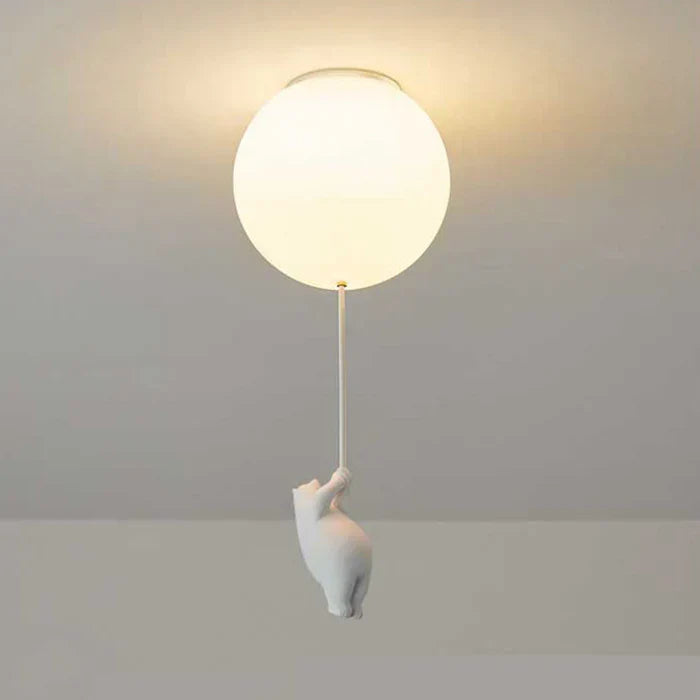 Fitlybuy white bear pendant light with glowing balloon-shaped LED orb, ideal for nursery and children’s room decor.