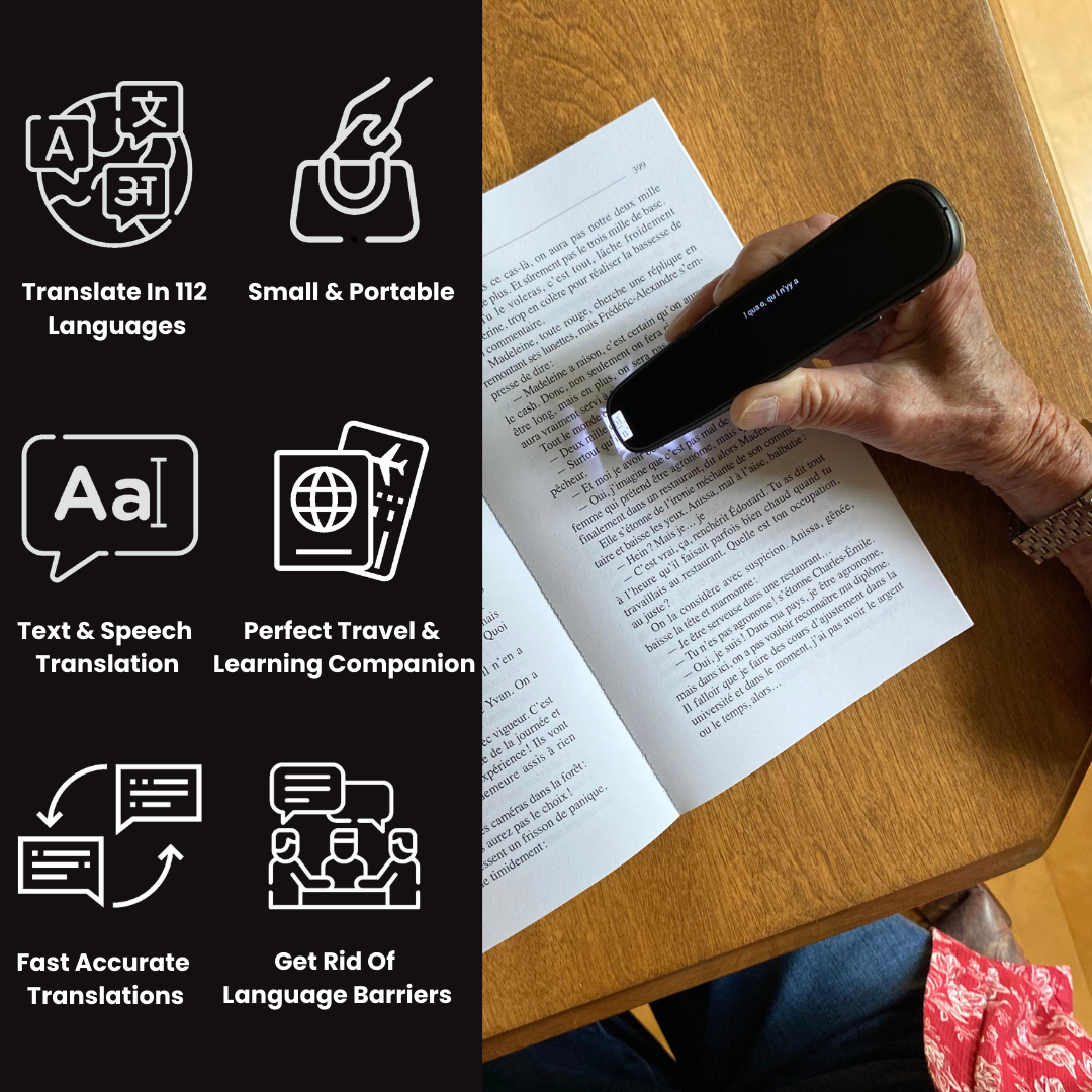 Black Fitlybuy AI translator pen scanning a book page. Includes feature icons for 112 languages and portable travel use.