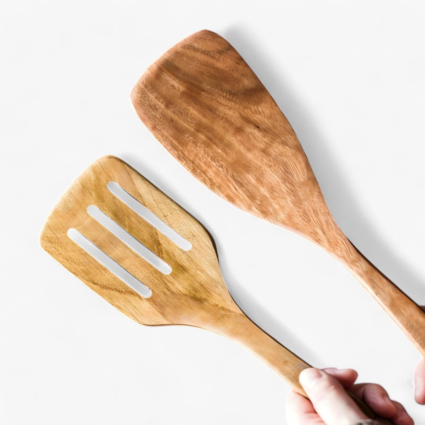 Fitlybuy 9-piece premium teak wood kitchen utensil set, featuring a solid turner and a slotted spatula on white.