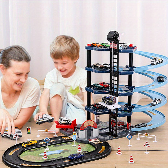 A child and mother play with the Fitlybuy multi-level fire station garage toy featuring ramps, cars, and road signs.