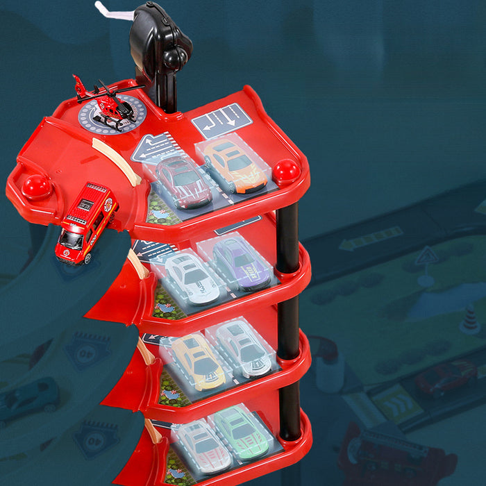Fitlybuy FirePark multi-level red garage playset with toy cars, a fire truck, helicopter, and parking spots.