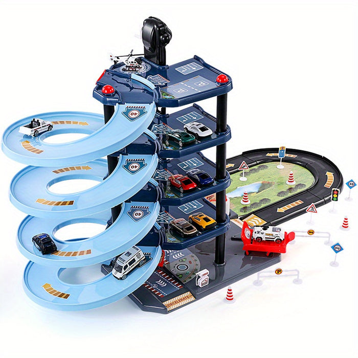 Fitlybuy multi-level garage playset with spiral ramps, toy cars, fire station, and road signs on a white background.